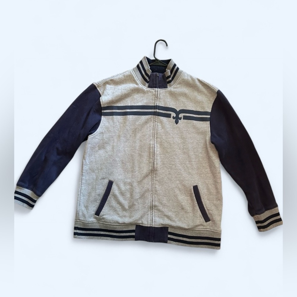 Rock Revival Men’s Varsity Zip Jacket Gray Navy Logo Size XXL